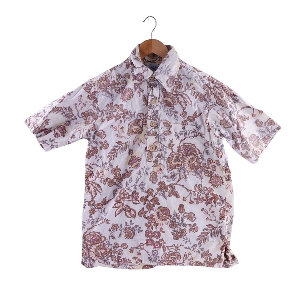 Vintage 70s Surf Line Hawaii Floral Paisley Popover Shirt Mens Medium Brown Pink